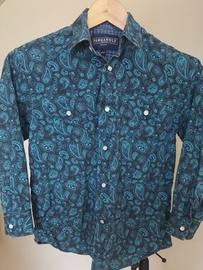 Panhandle Boy's Teal Black Paisley Western Long Sleeve Pearl Snap Shirt Sz M/10
